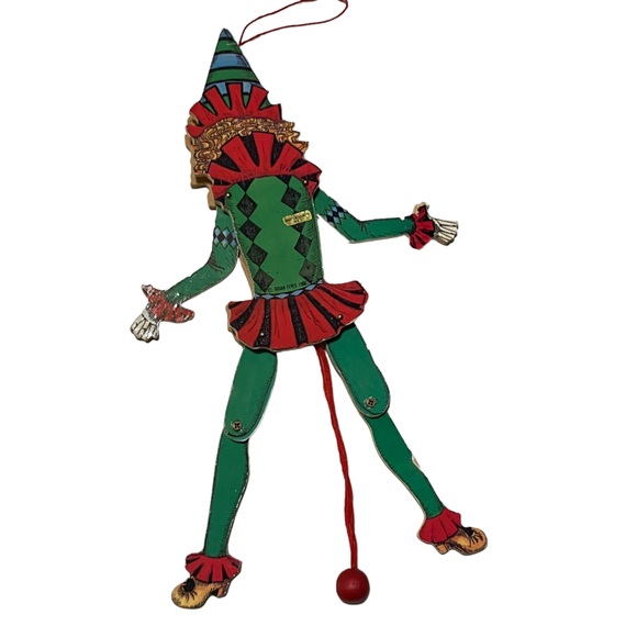 Vintage 80's Susan Feves Jester Clown Jumping Jack PullString Christmas Ornament - Picture 6 of 9